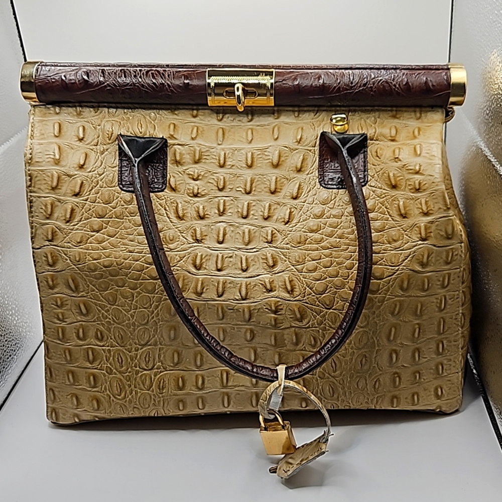 Croc Embossed Italian Leather Satchel in Taupe